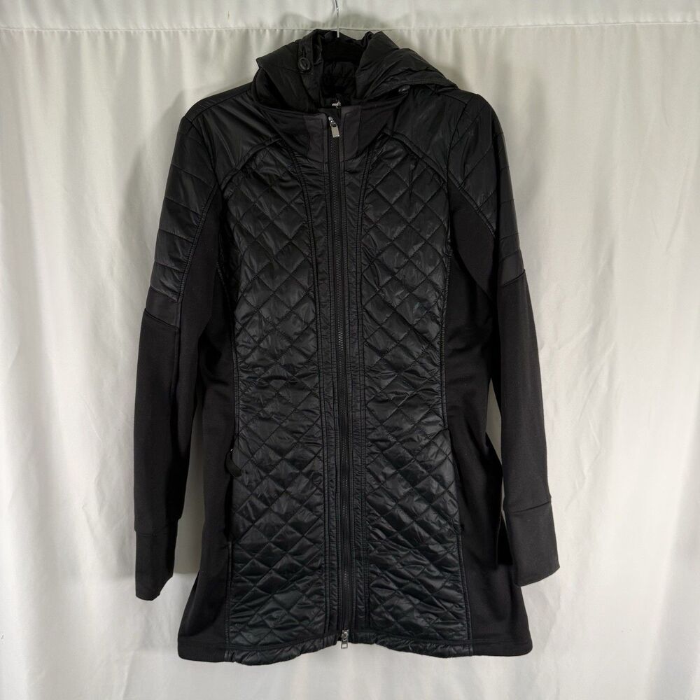 Athleta Puffer Jacket Women's Medium Black Long Full Zip Revomable Hood